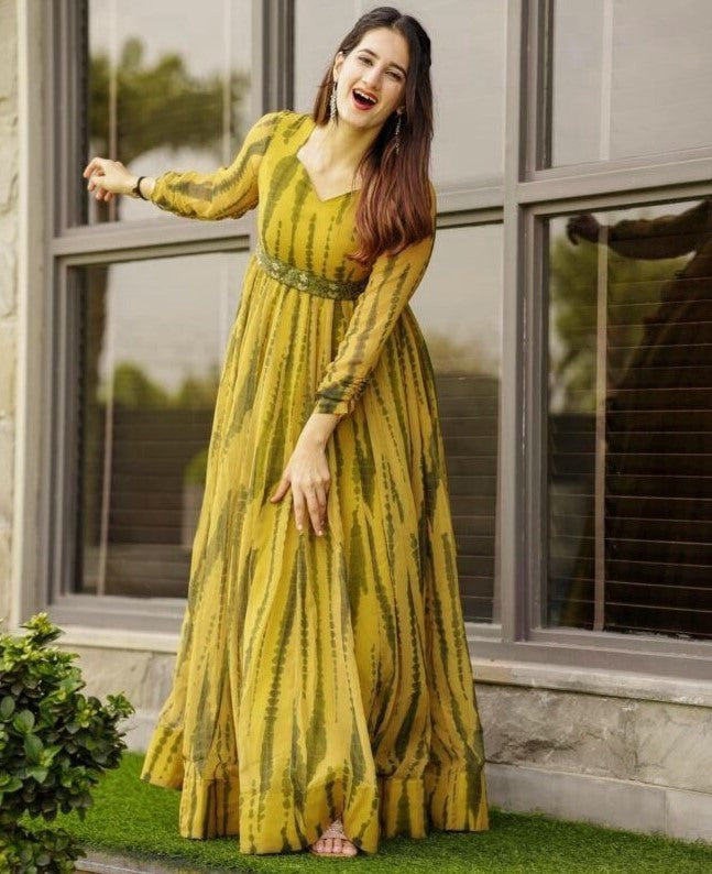 Yellow georgette printed gown