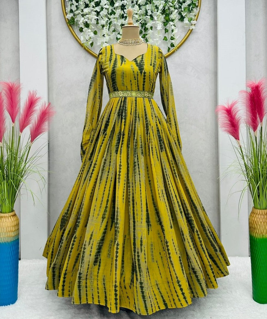 Yellow georgette printed gown