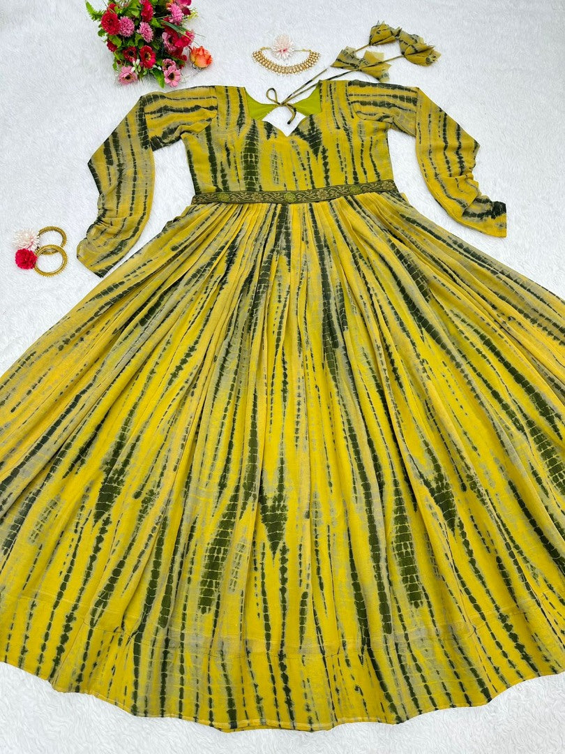 Yellow georgette printed gown