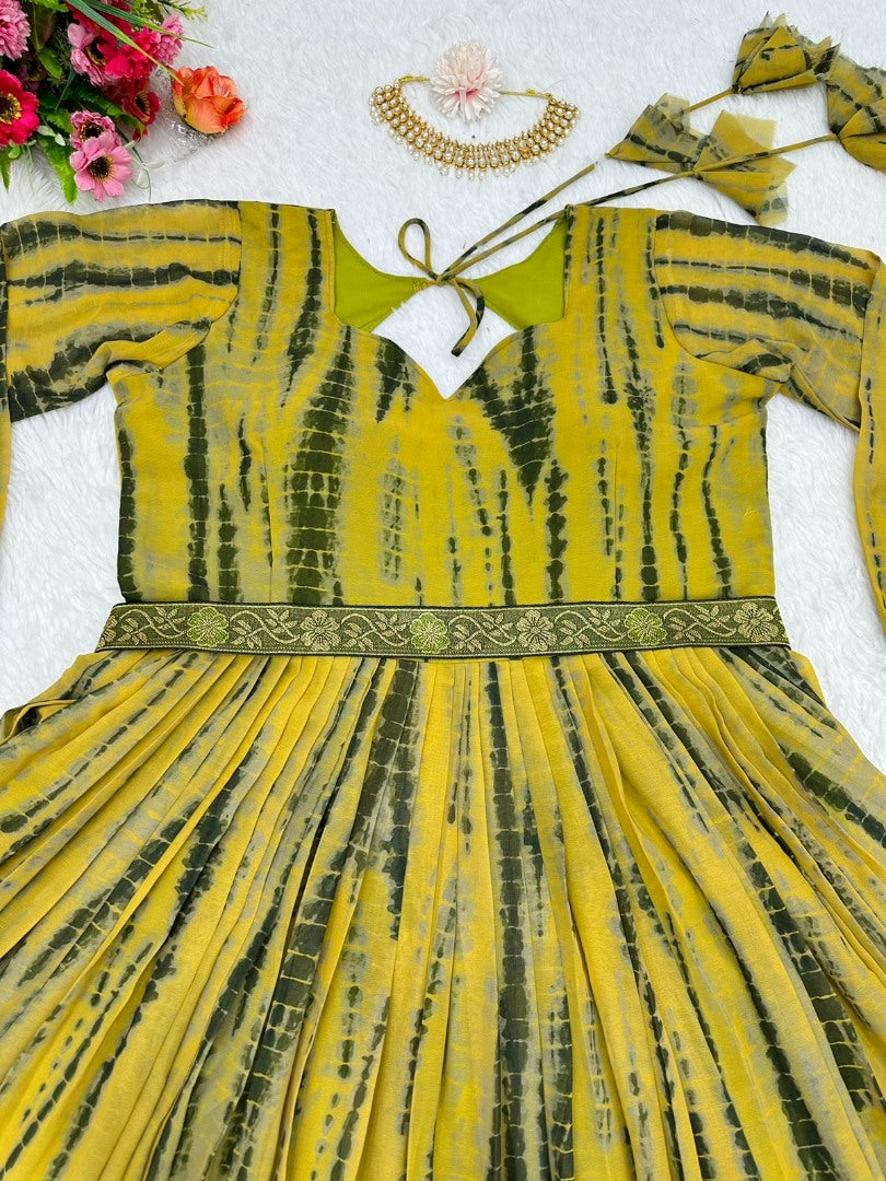 Yellow georgette printed gown
