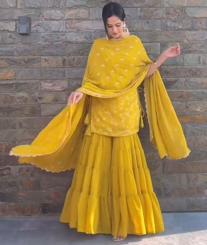 Yellow georgette sharara suit for ceremony