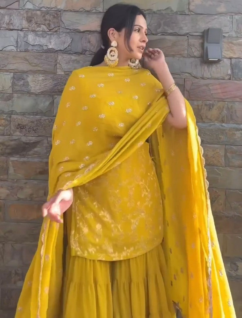 Yellow georgette sharara suit for ceremony