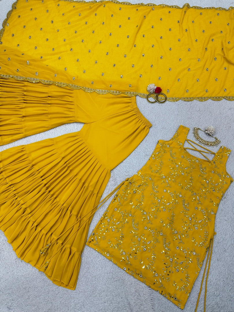 Yellow georgette sharara suit for ceremony