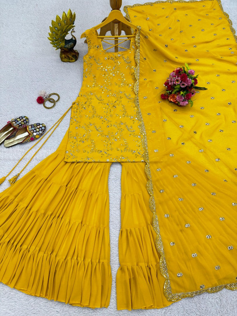 Yellow georgette sharara suit for ceremony