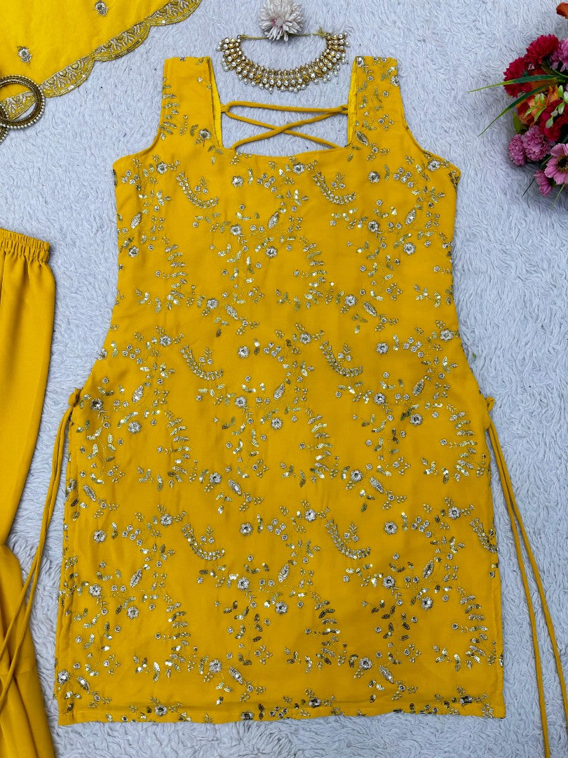 Yellow georgette sharara suit for ceremony