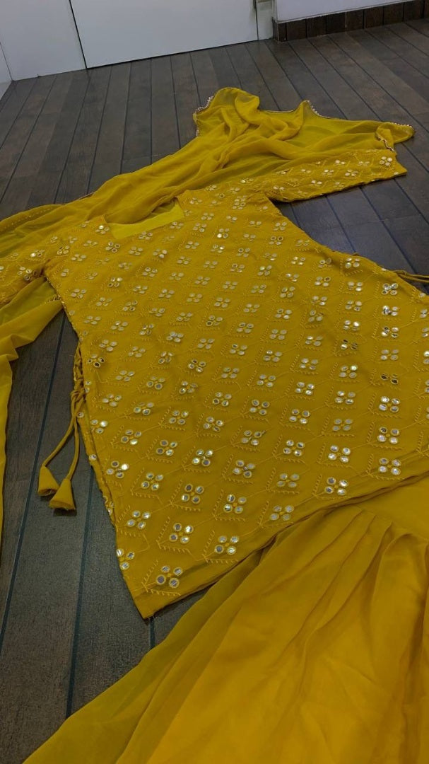 Yellow georgette thread and paper mirror work sharara suit