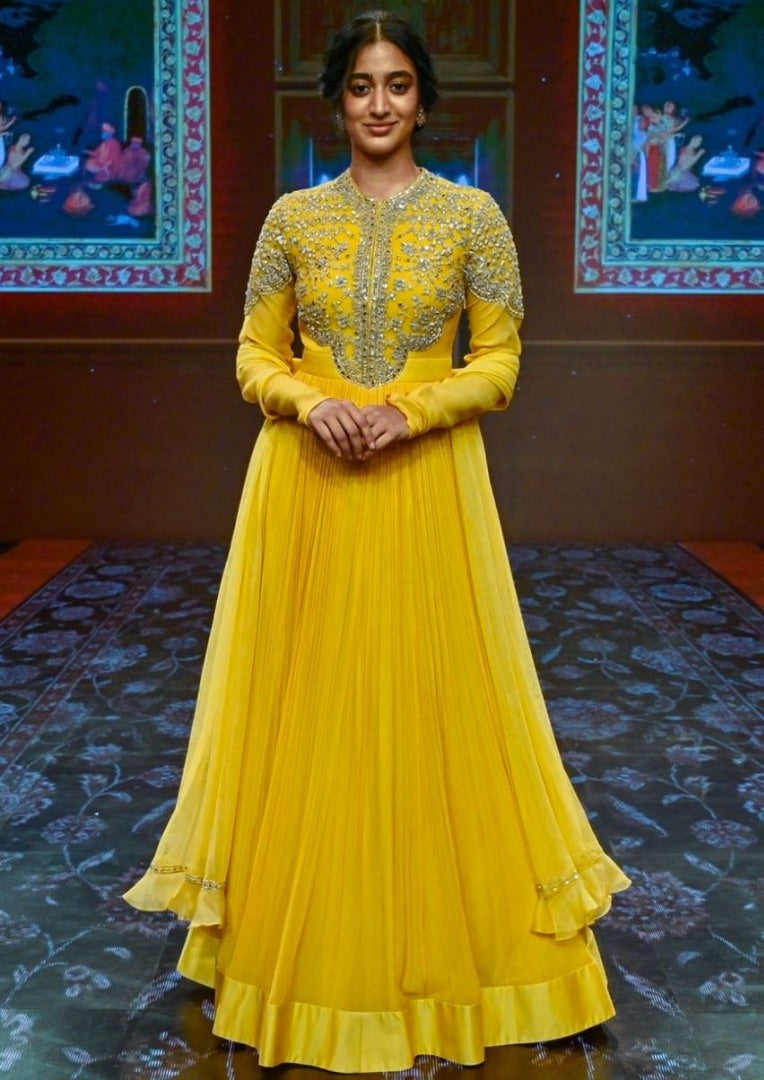 Yellow georgette thread and sequence embroidered long gown