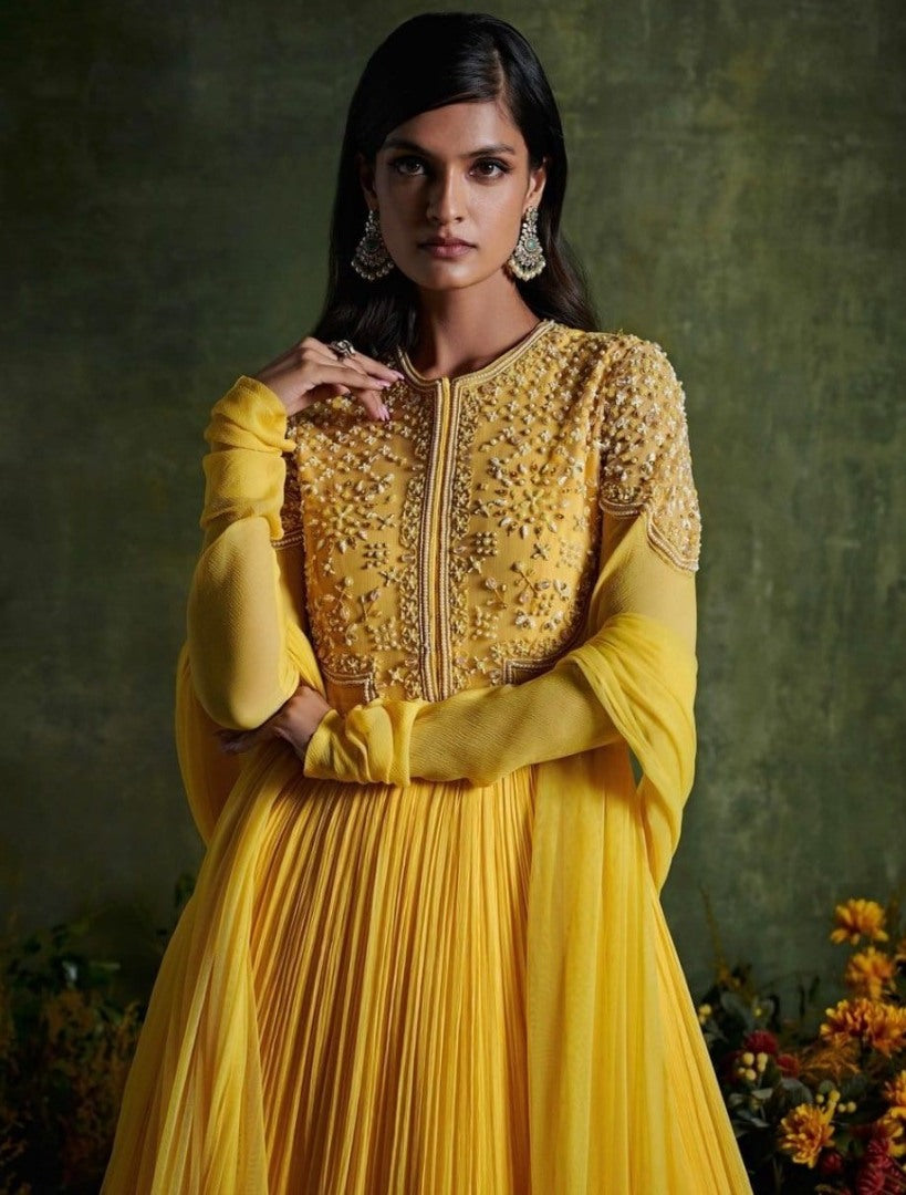 Yellow georgette thread and sequence embroidered long gown