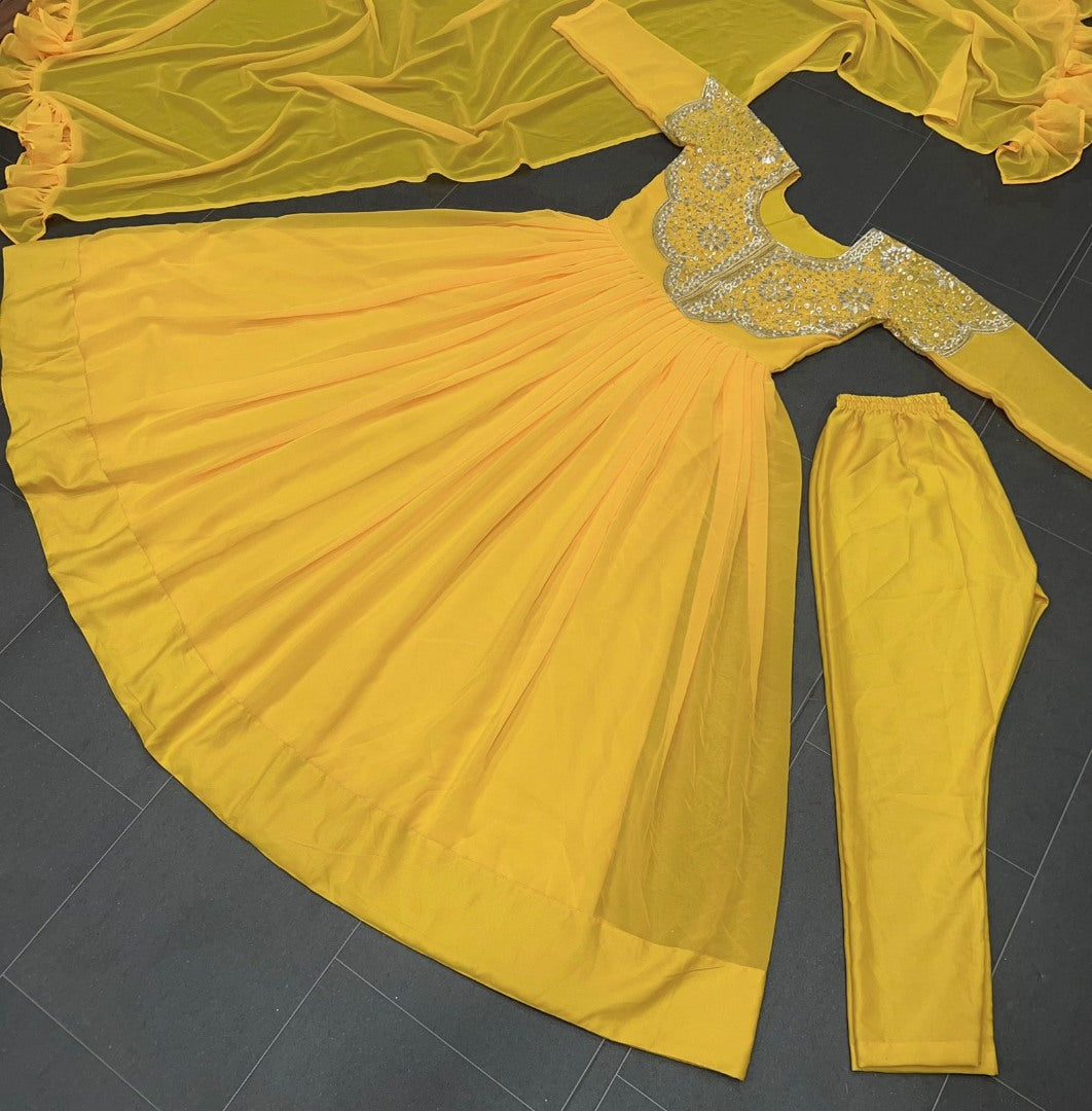 Yellow georgette thread and sequence embroidered long gown