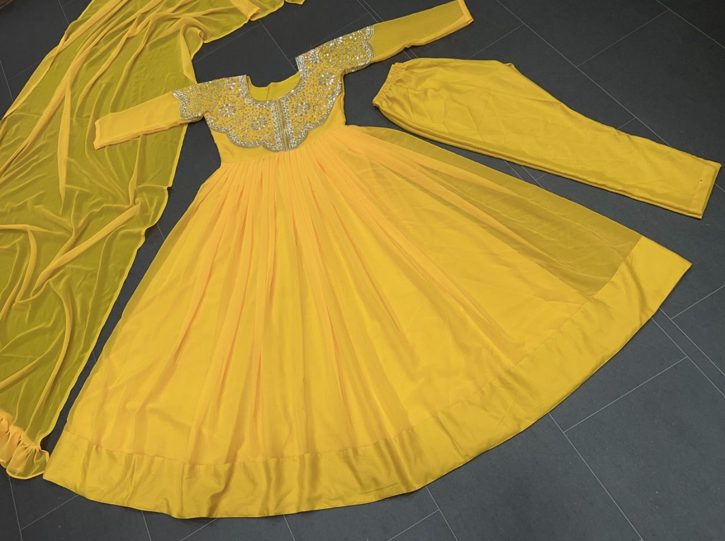 Yellow georgette thread and sequence embroidered long gown