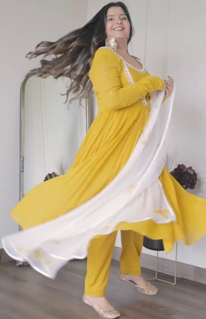 Yellow georgette thread sequence work anarkali suit