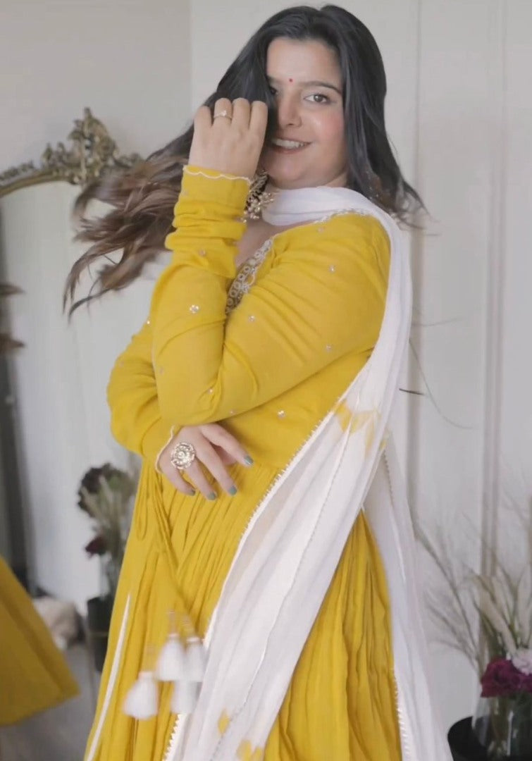 Yellow georgette thread sequence work anarkali suit