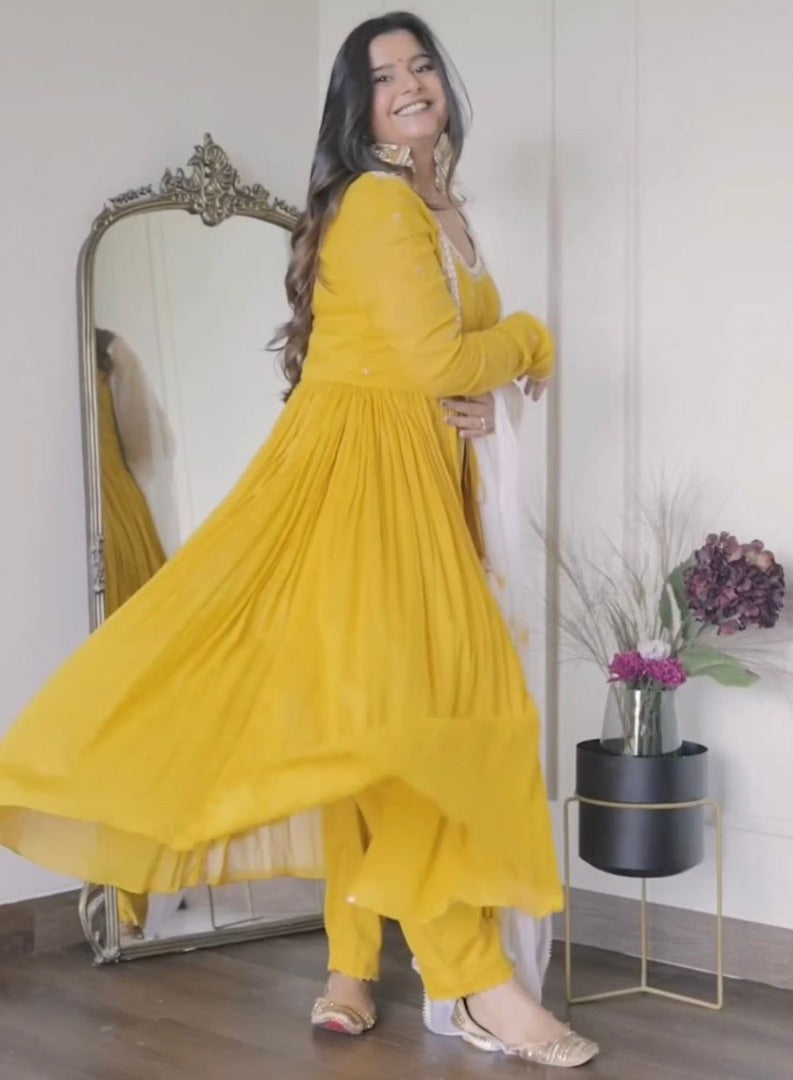 Yellow georgette thread sequence work anarkali suit