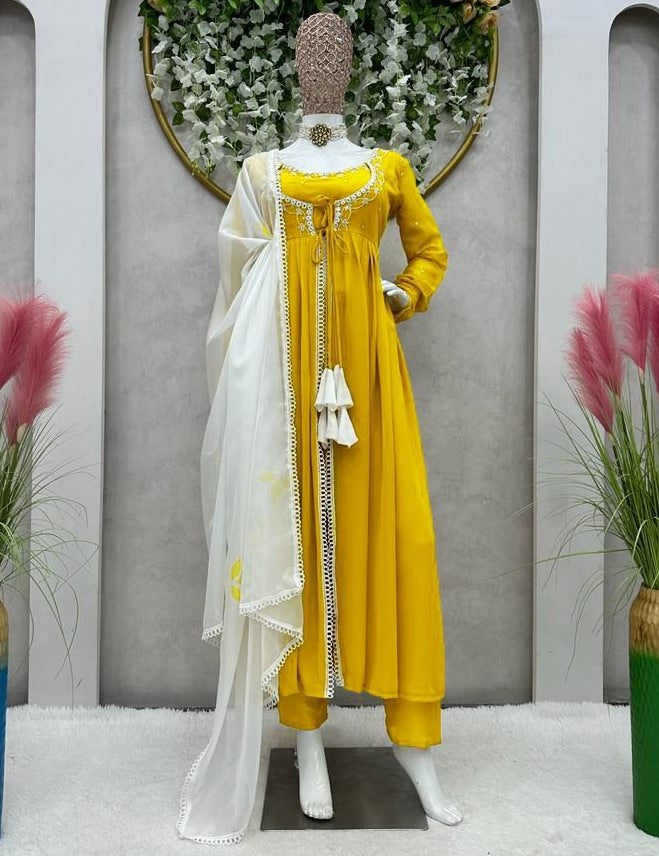 Yellow georgette thread sequence work anarkali suit