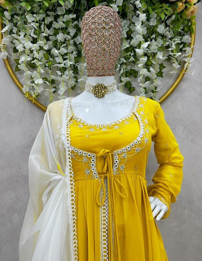 Yellow georgette thread sequence work anarkali suit