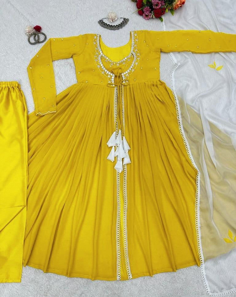 Yellow georgette thread sequence work anarkali suit