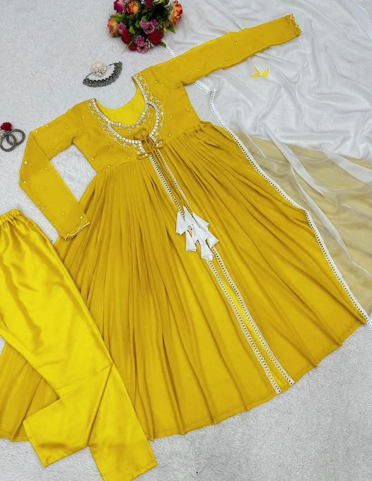 Yellow georgette thread sequence work anarkali suit