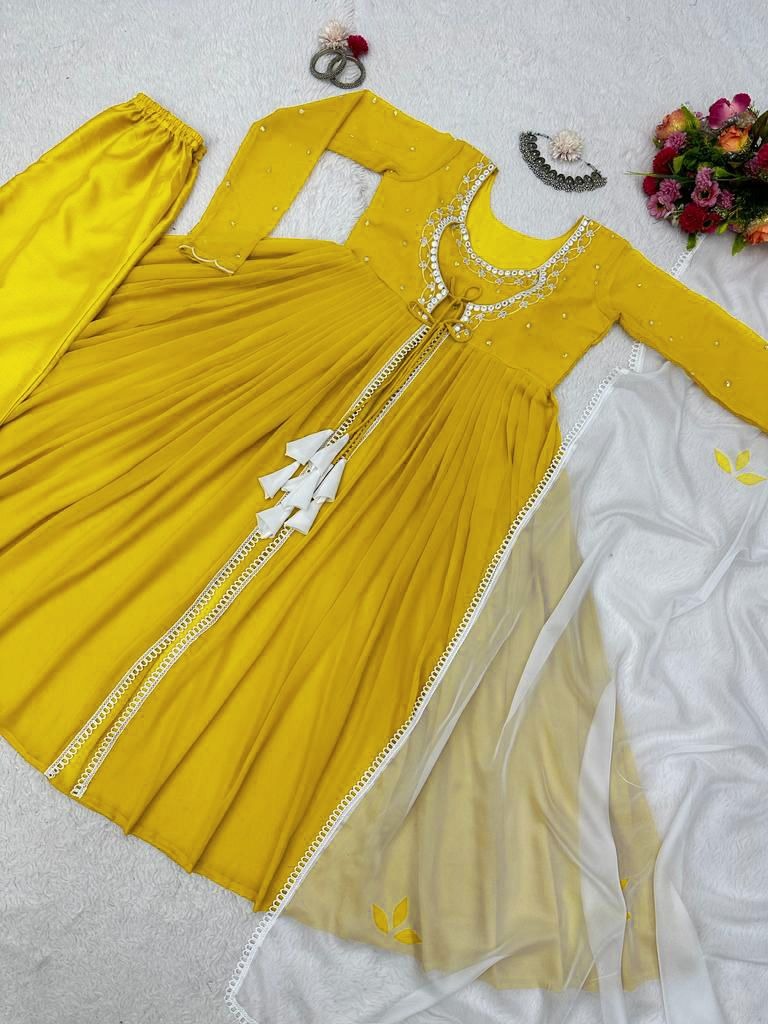 Yellow georgette thread sequence work anarkali suit