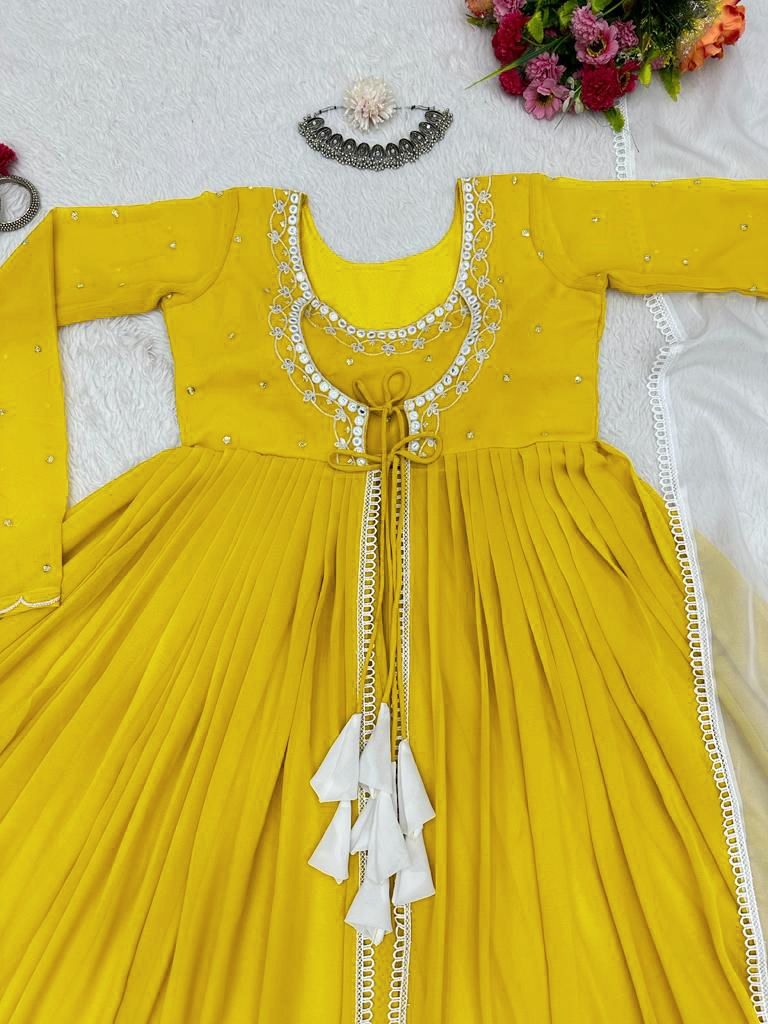 Yellow georgette thread sequence work anarkali suit