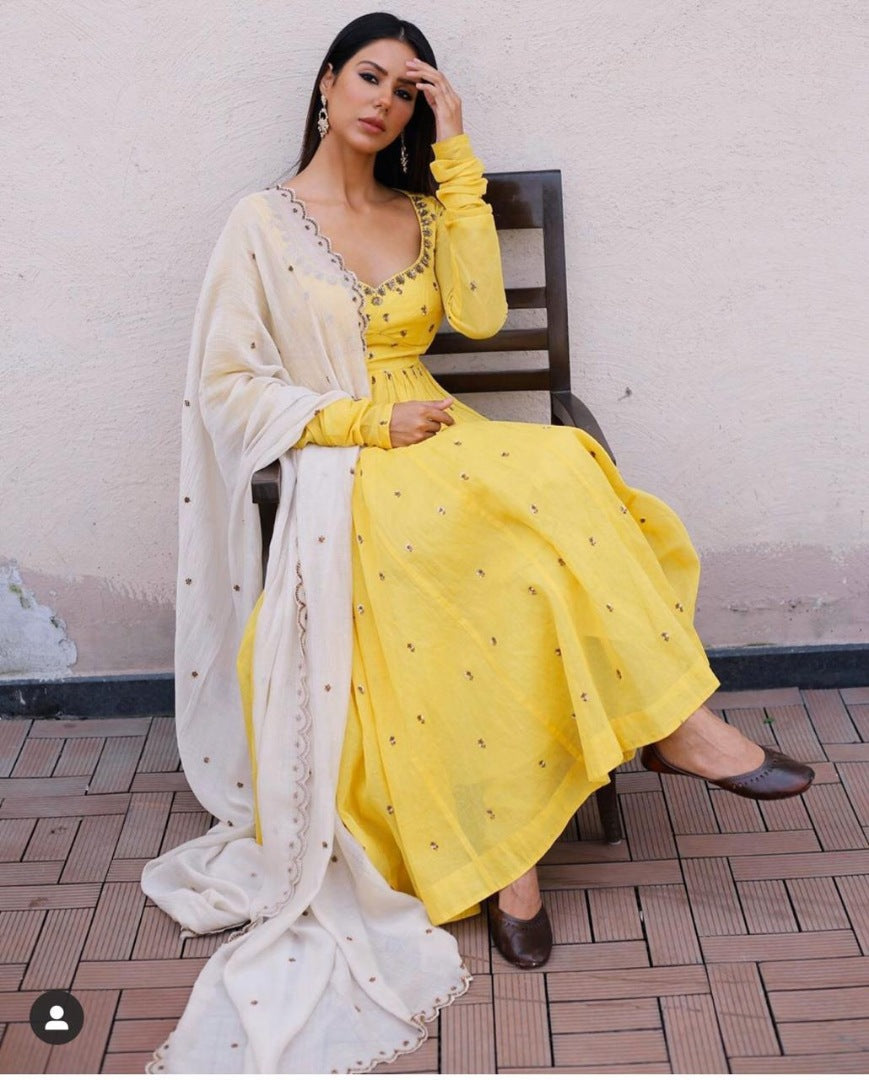 Yellow georgette thread worked beautiful anarkali suit