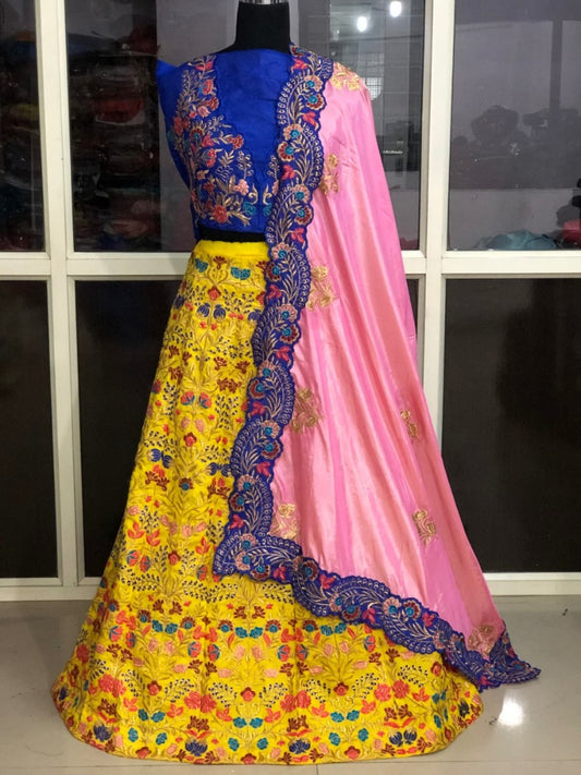 yellow heavy banglori silk multicolor threadwork wedding lehenga