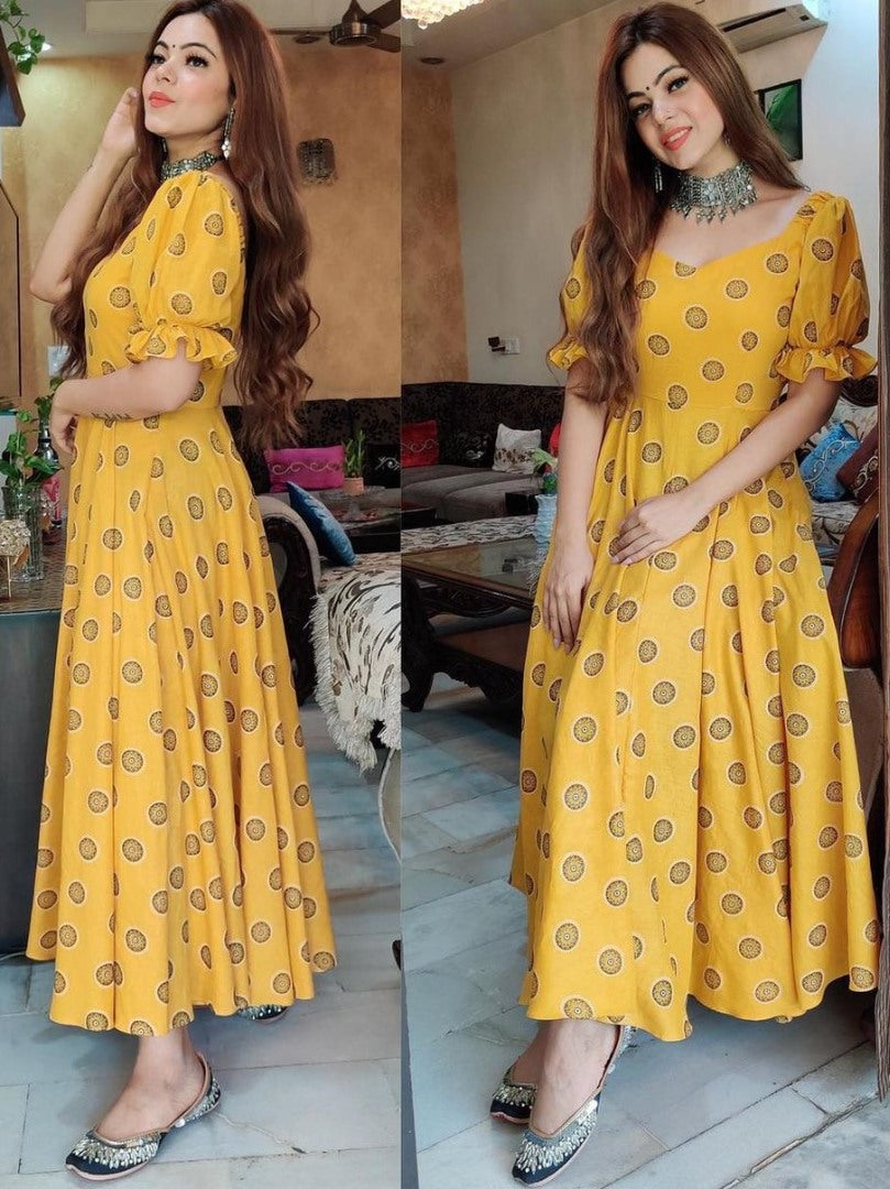 Yellow heavy butter silk digital printed work party wear gown