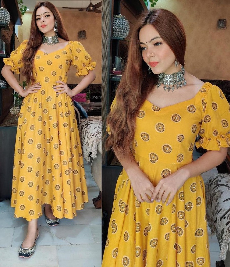 Yellow heavy butter silk digital printed work party wear gown