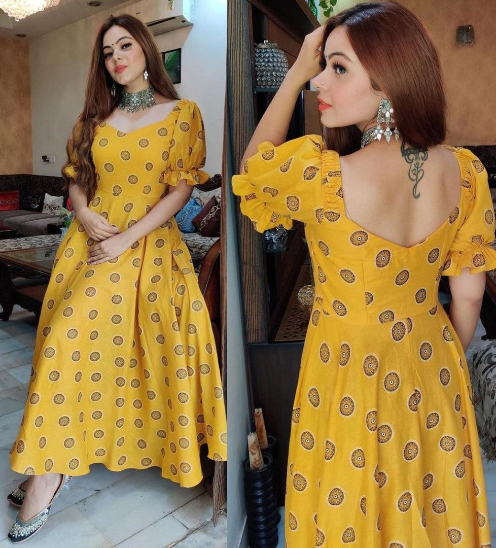 Yellow heavy butter silk digital printed work party wear gown