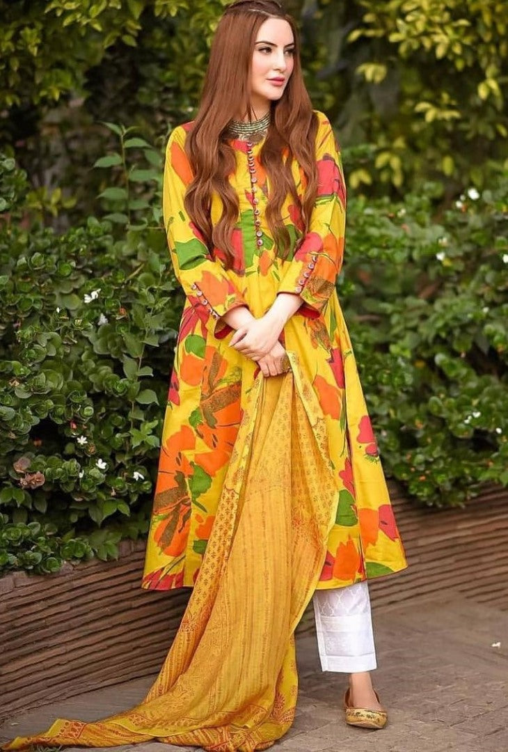 Yellow heavy butter silk flower printed work gown