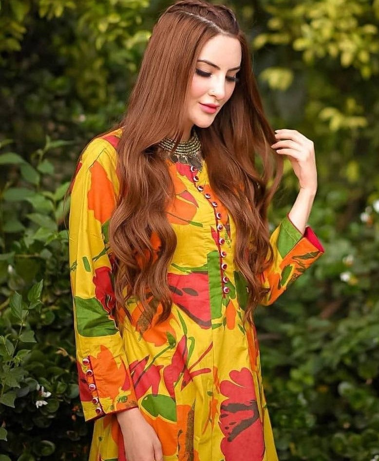 Yellow heavy butter silk flower printed work gown