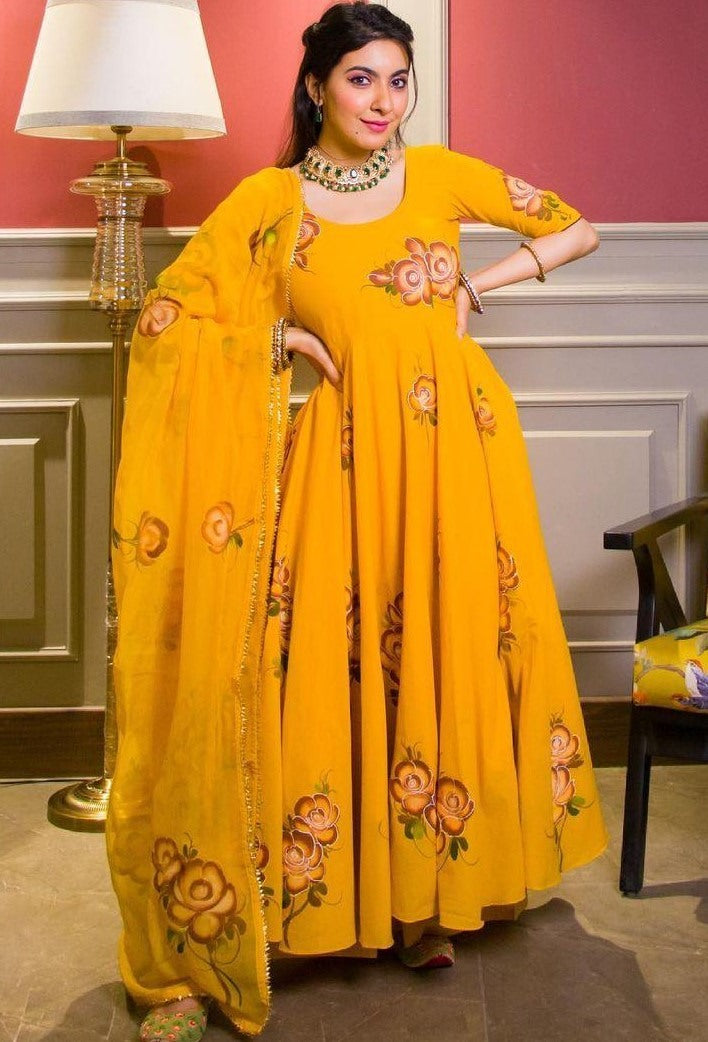 Yellow heavy georgette digital floral printed party wear gown