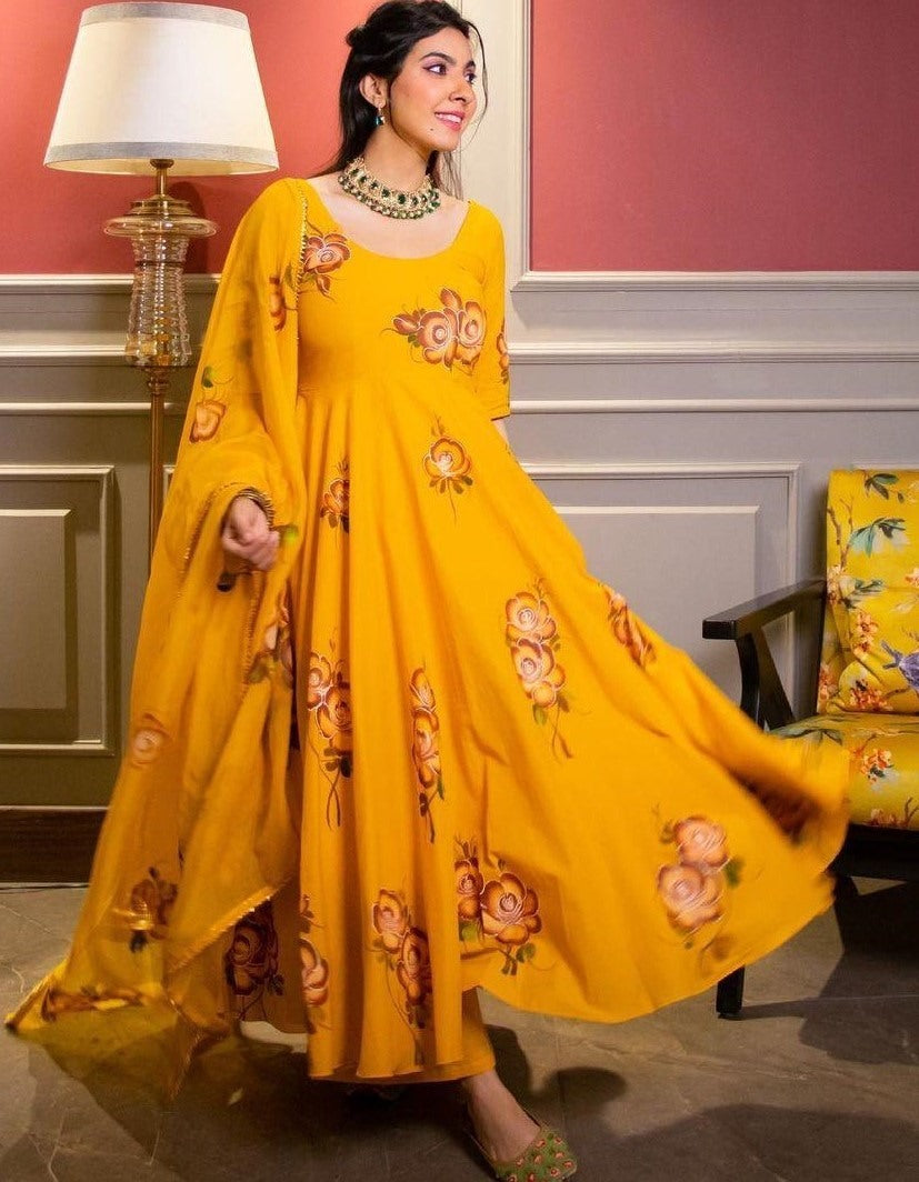 Yellow heavy georgette digital floral printed party wear gown