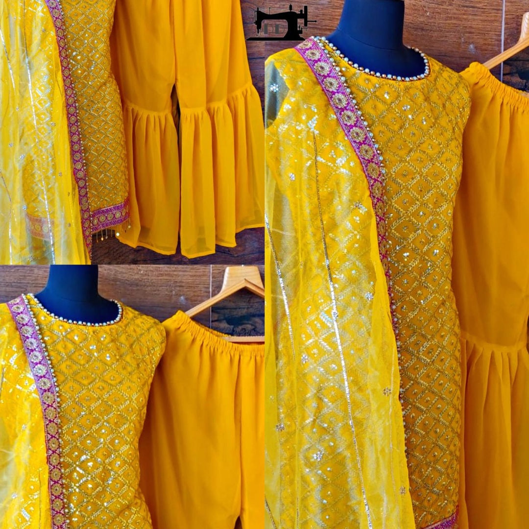 Yellow heavy georgette embroidered designer sharara salwar suit