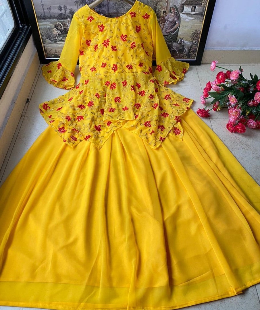 Yellow heavy georgette embroidered work crop top