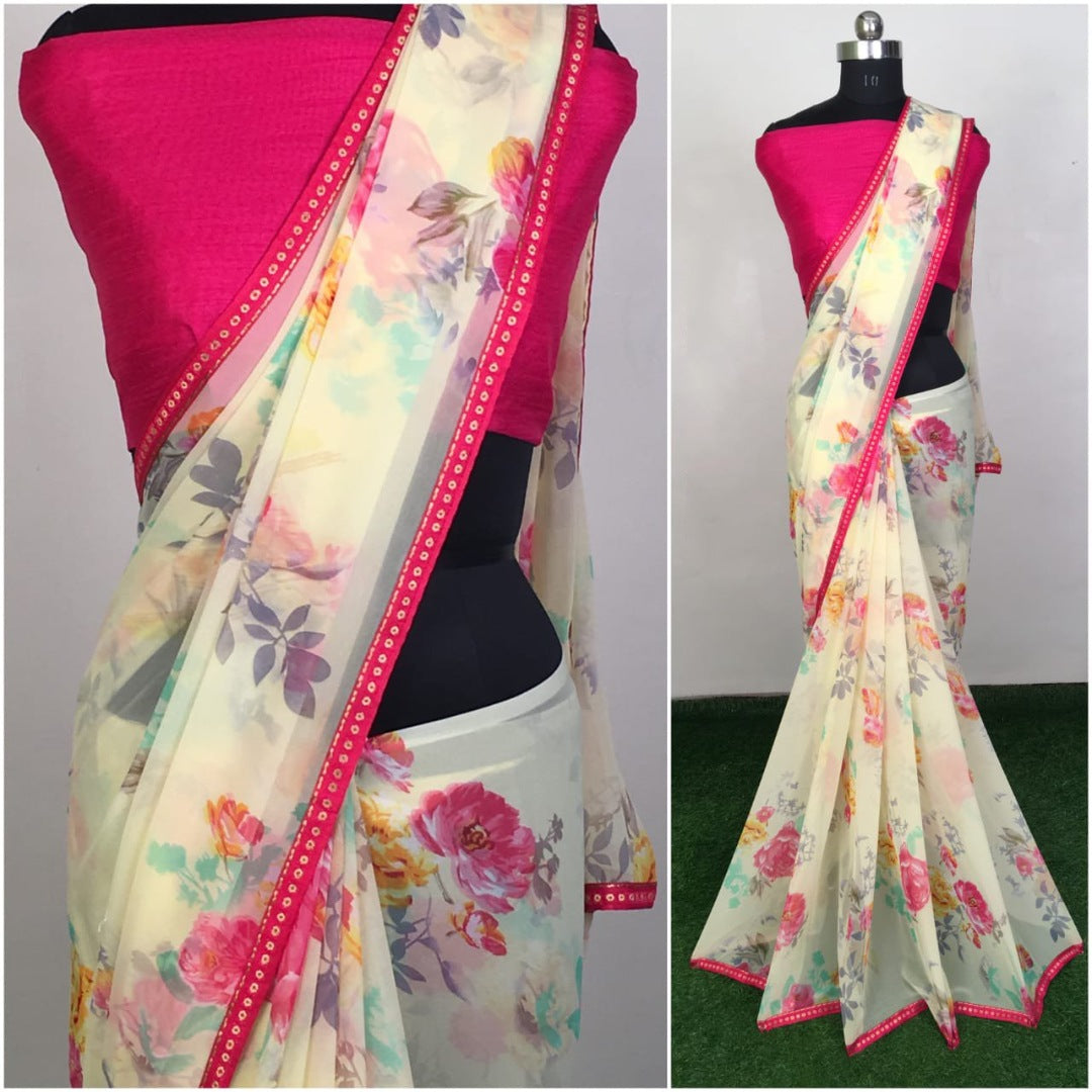 yellow heavy georgette floral printed saree