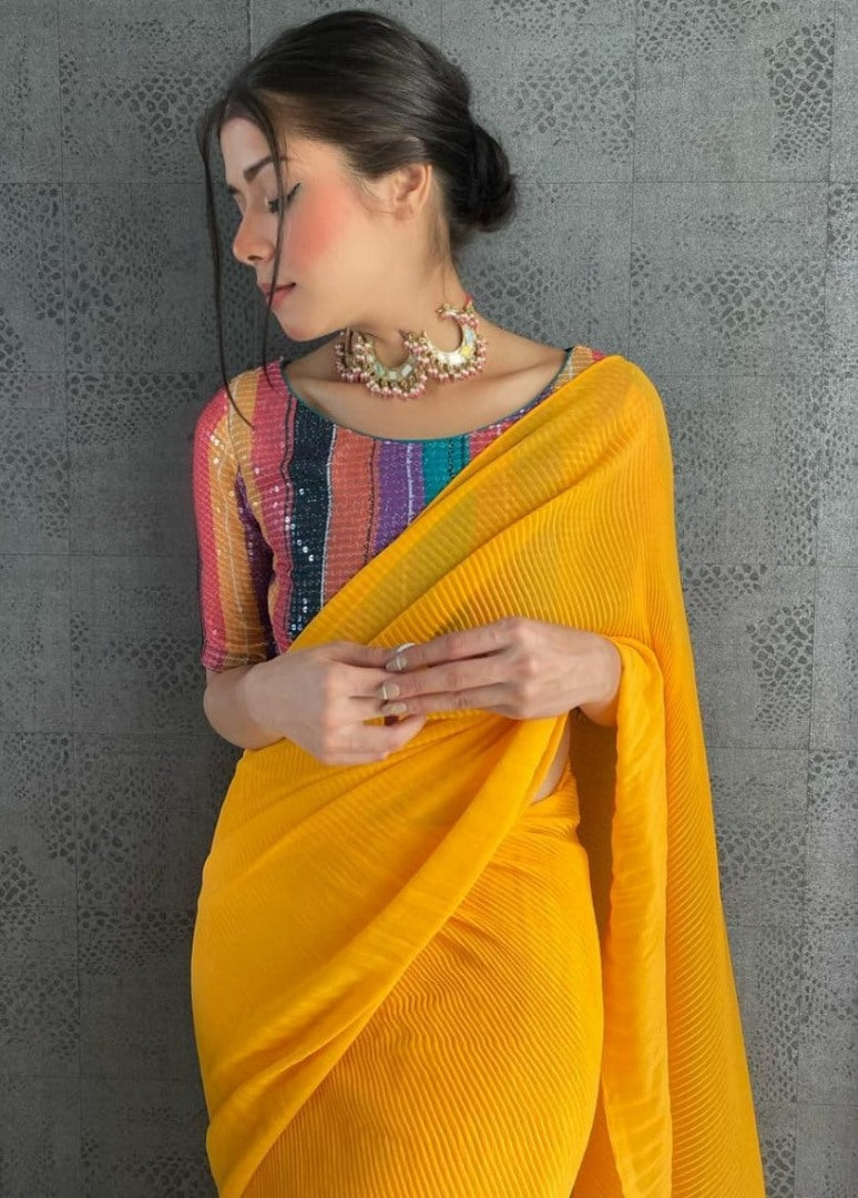 Yellow heavy georgette pattern work fancy saree