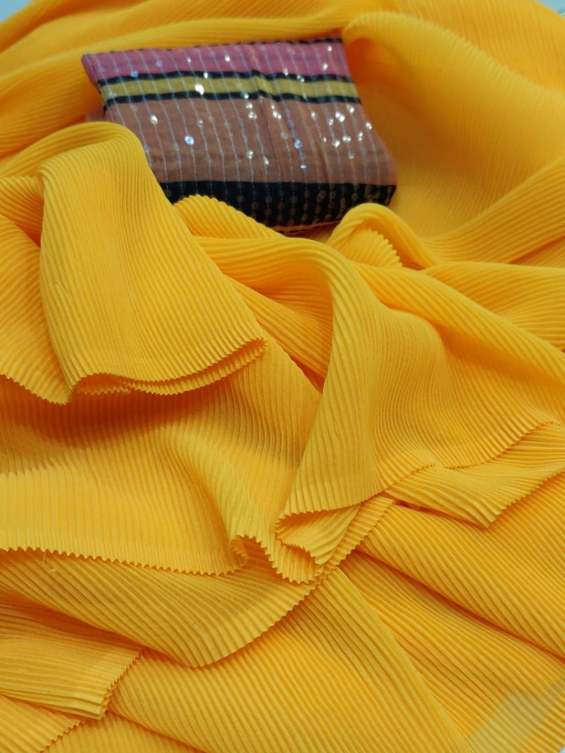 Yellow heavy georgette pattern work fancy saree