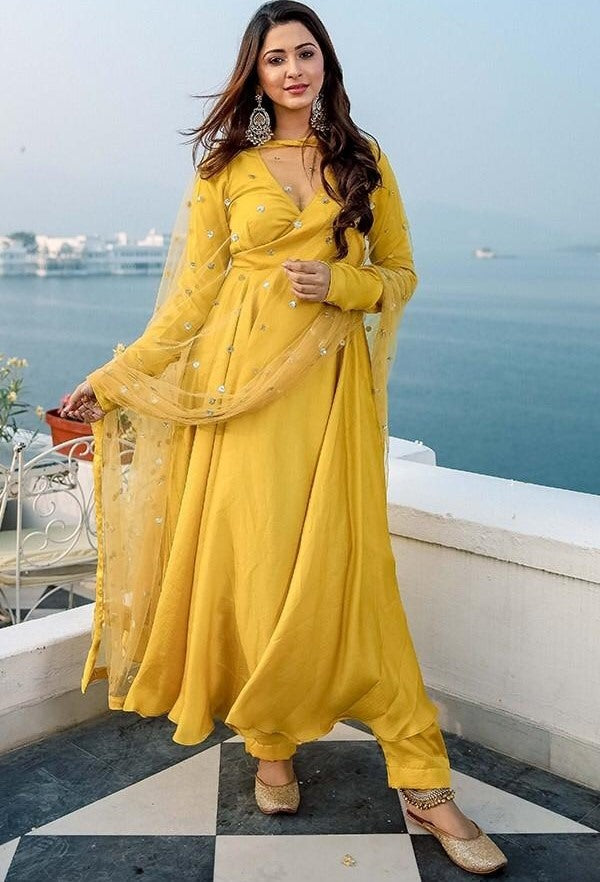Yellow heavy japan silk anarkali gown with salwar