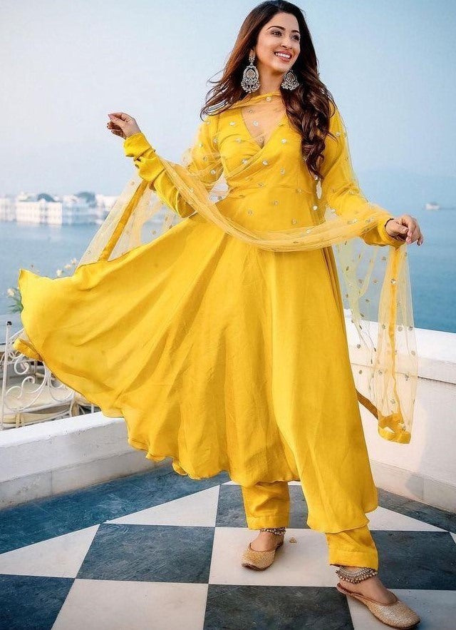 Yellow heavy japan silk anarkali gown with salwar