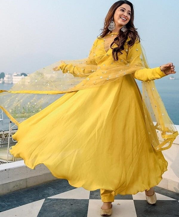 Yellow heavy japan silk anarkali gown with salwar