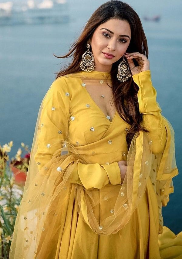 Yellow heavy japan silk anarkali gown with salwar