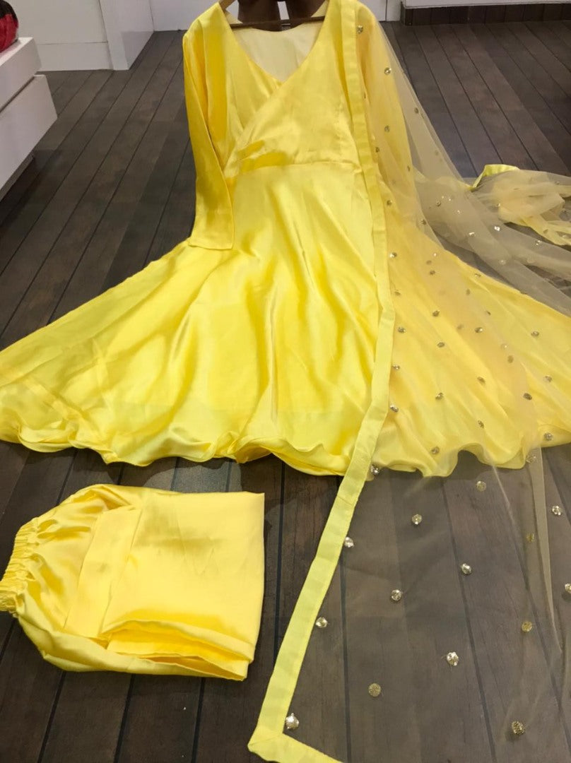 Yellow heavy japan silk anarkali gown with salwar