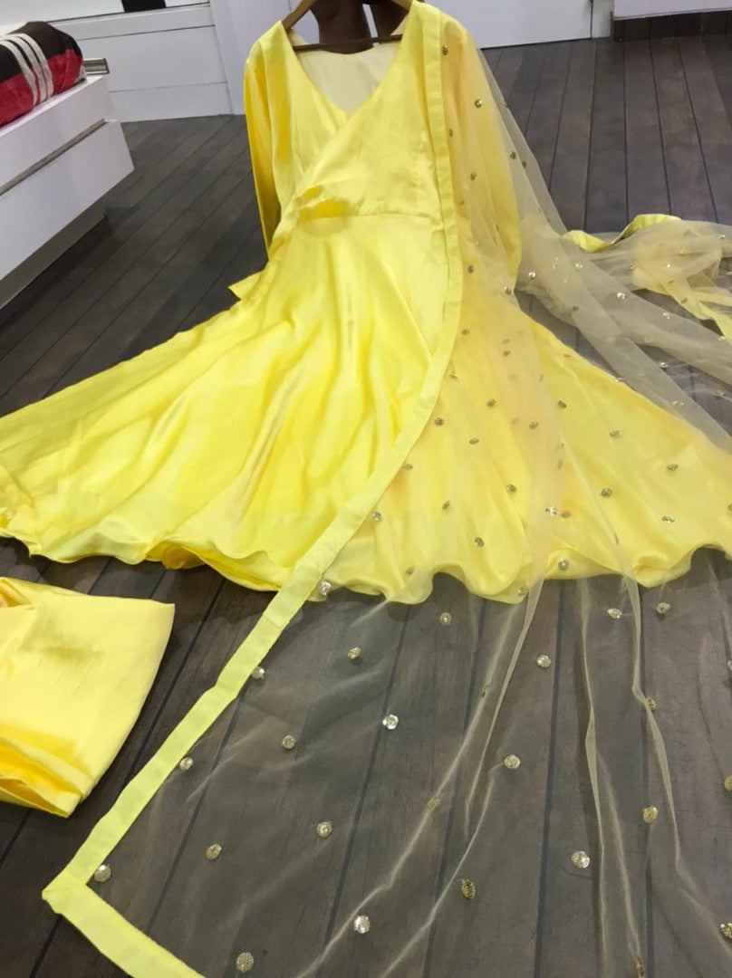 Yellow heavy japan silk anarkali gown with salwar