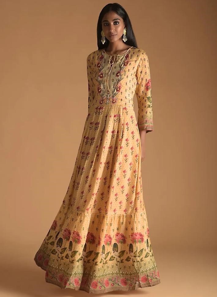 Yellow heavy maslin cotton printed gown