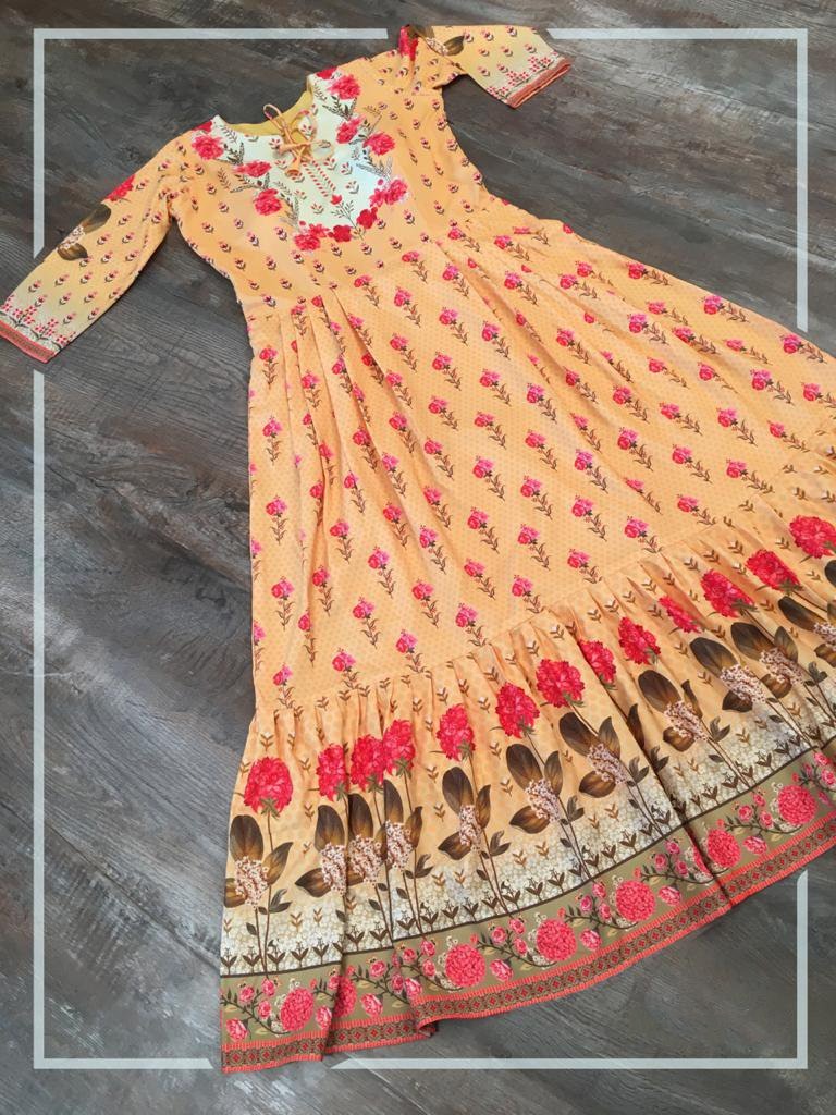 Yellow heavy maslin cotton printed gown