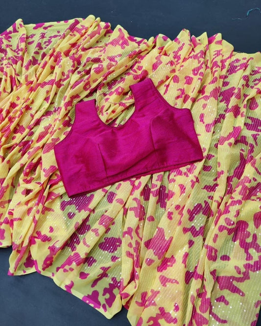 Yellow heavy moss georgette sequence printed saree