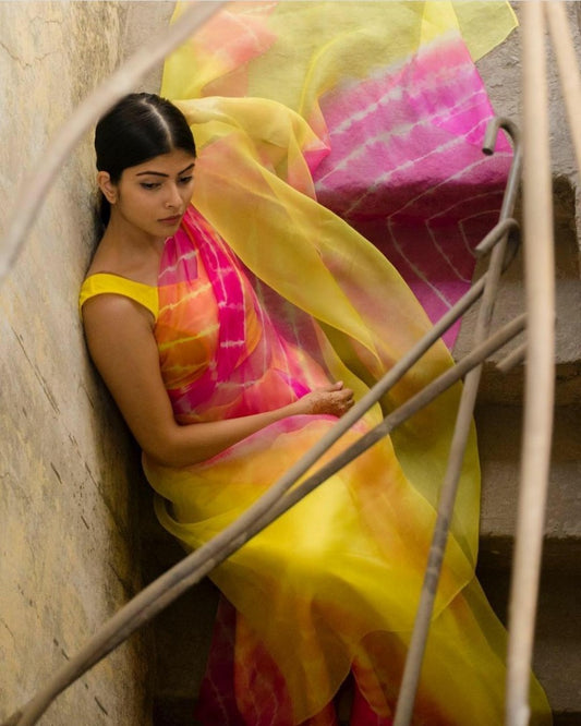 Yellow heavy moss organza digital printed saree