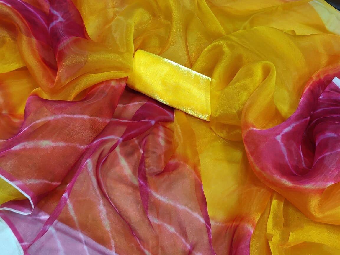 Yellow heavy moss organza digital printed saree