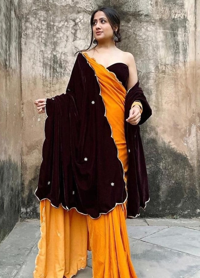 Yellow heavy velvet handwork saree