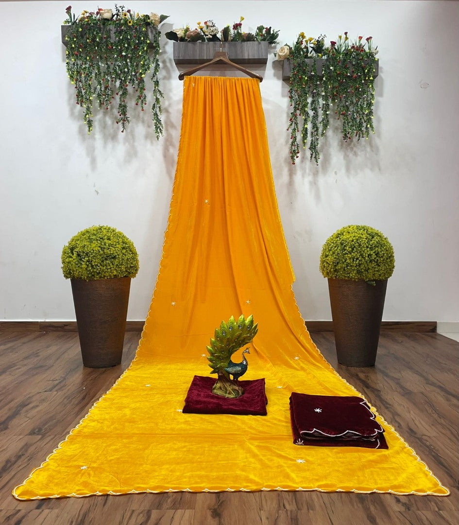 Yellow heavy velvet handwork saree